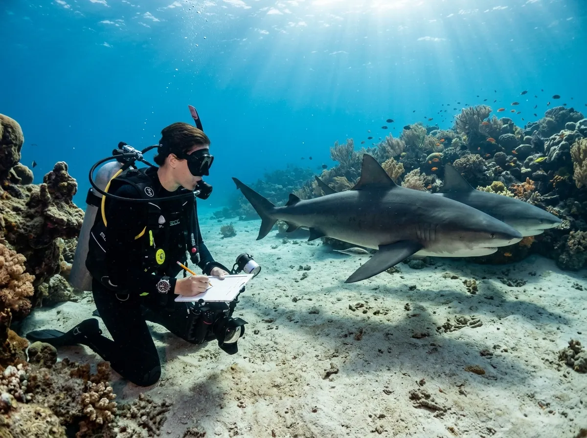 Underwater photograph of a researcher documenting bull sharks near the ocean floor in Fiji
