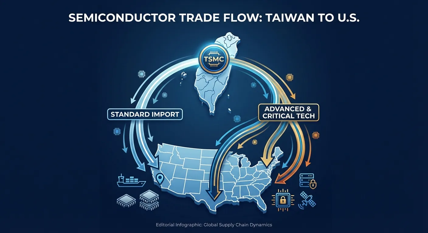 Trade policy diagram showing chip tariff flow from Taiwan to US with exemption pathways