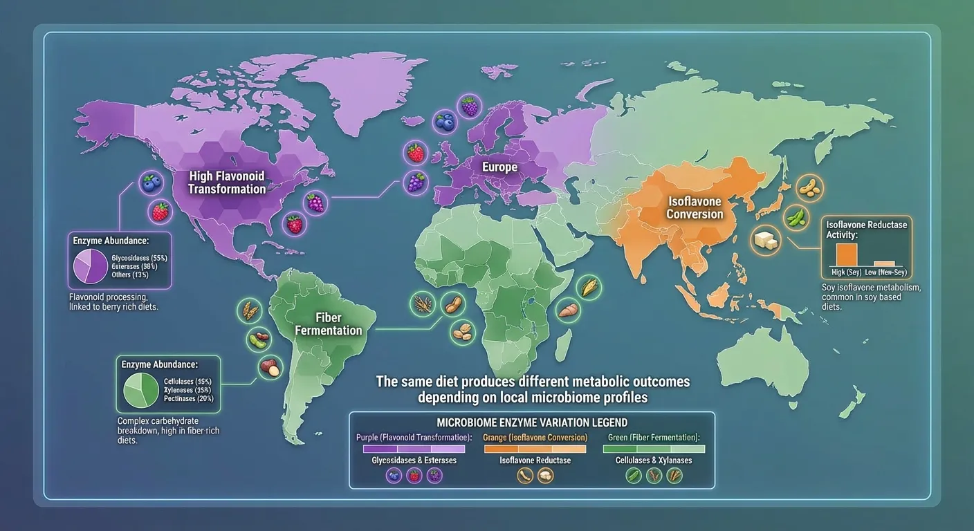 World map showing geographic variation in microbiome enzyme profiles