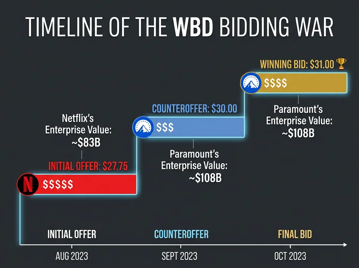 Financial chart showing the escalating bidding war between Netflix and Paramount Skydance