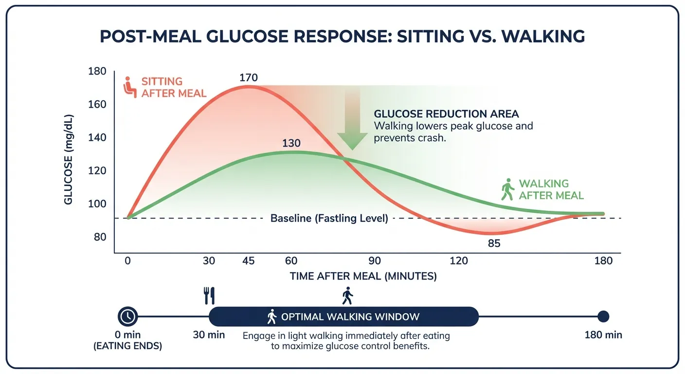 Infographic showing blood glucose curves comparing sitting versus walking after a meal