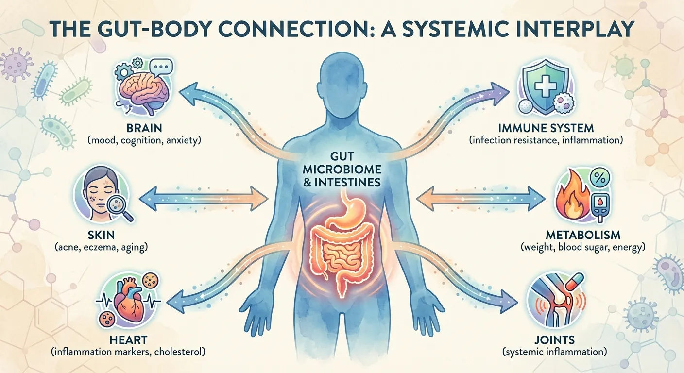 Visual showing the interconnections between gut health and multiple body systems: brain, immune, skin, metabolism