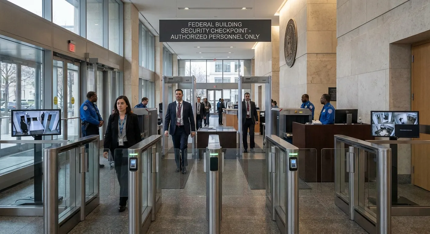 Government building entrance with security checkpoint
