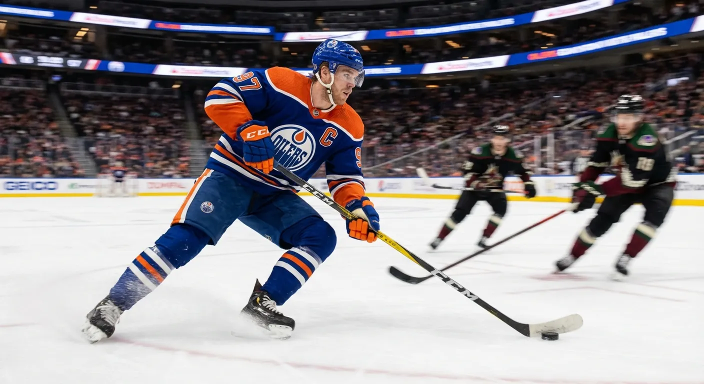 Connor McDavid skating at high speed with the puck against defenders