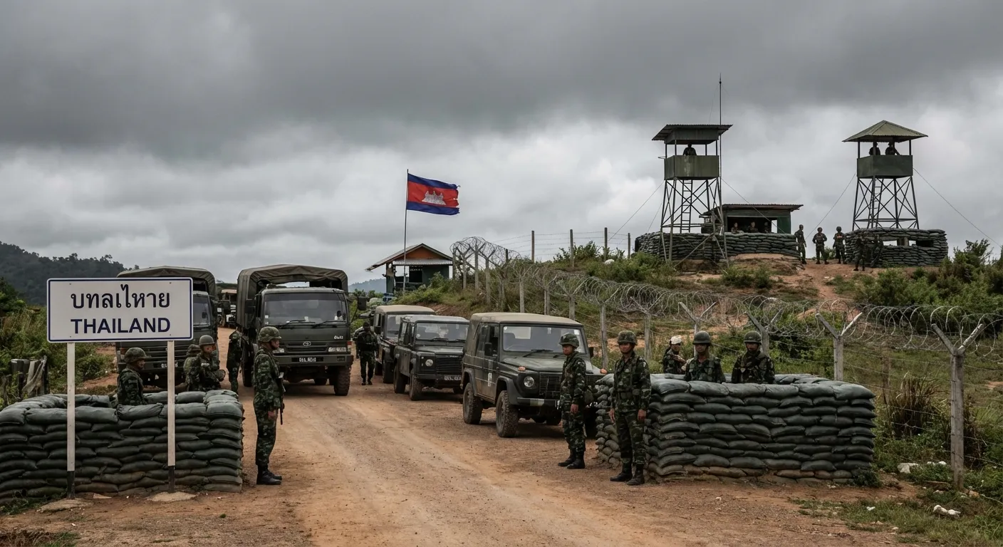 Thai and Cambodian soldiers at border checkpoint with military vehicles