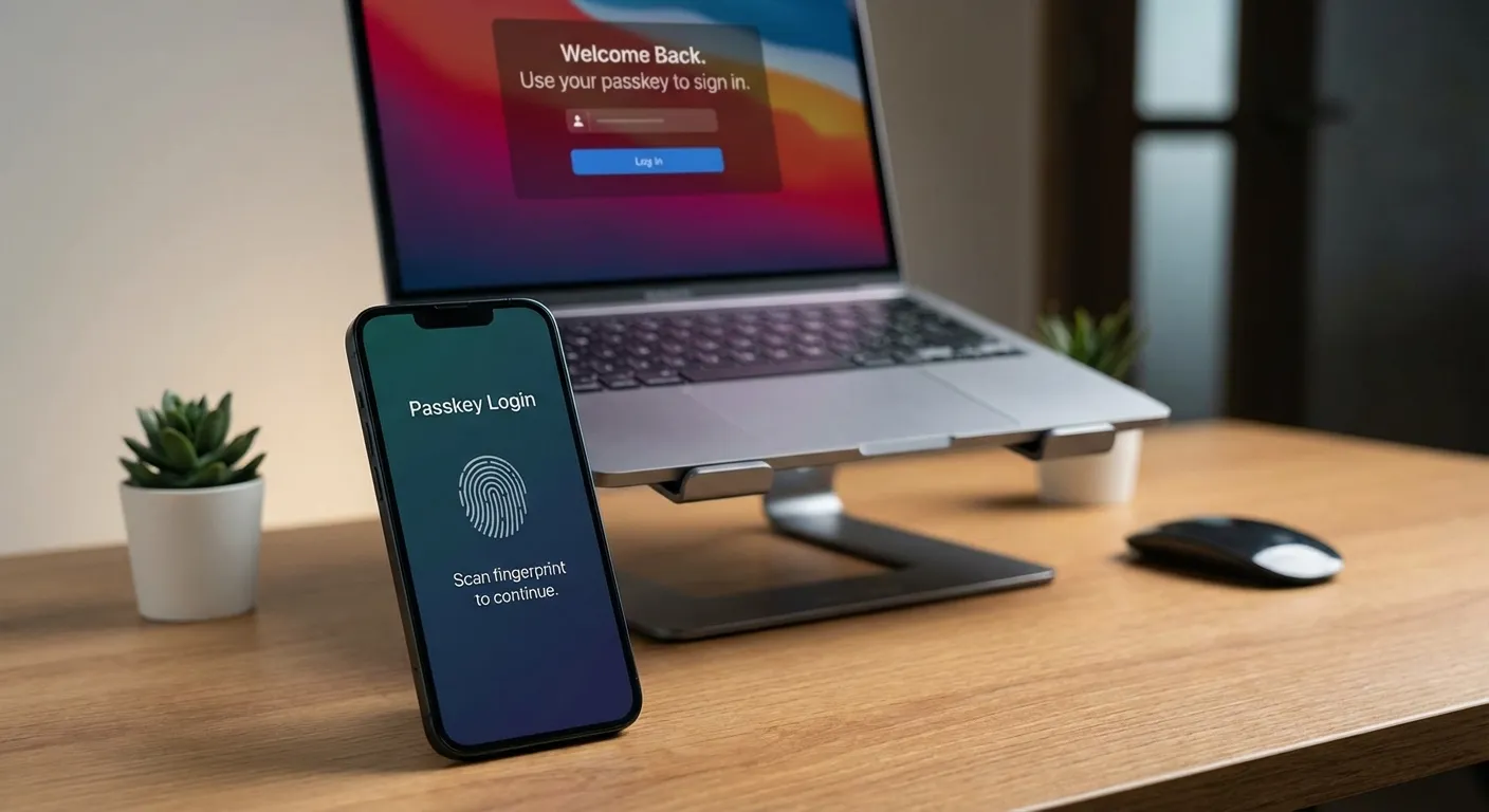 Smartphone showing fingerprint authentication for passkey login