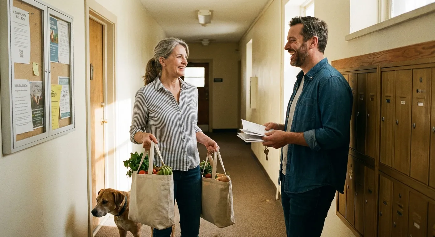 Neighbors exchanging friendly greeting in building hallway