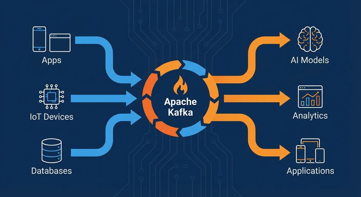 Infographic showing real-time data streaming architecture with Kafka at center