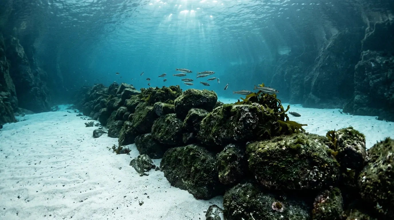 Underwater photograph of a belt of large stones on a sandy seabed in a Norwegian strait