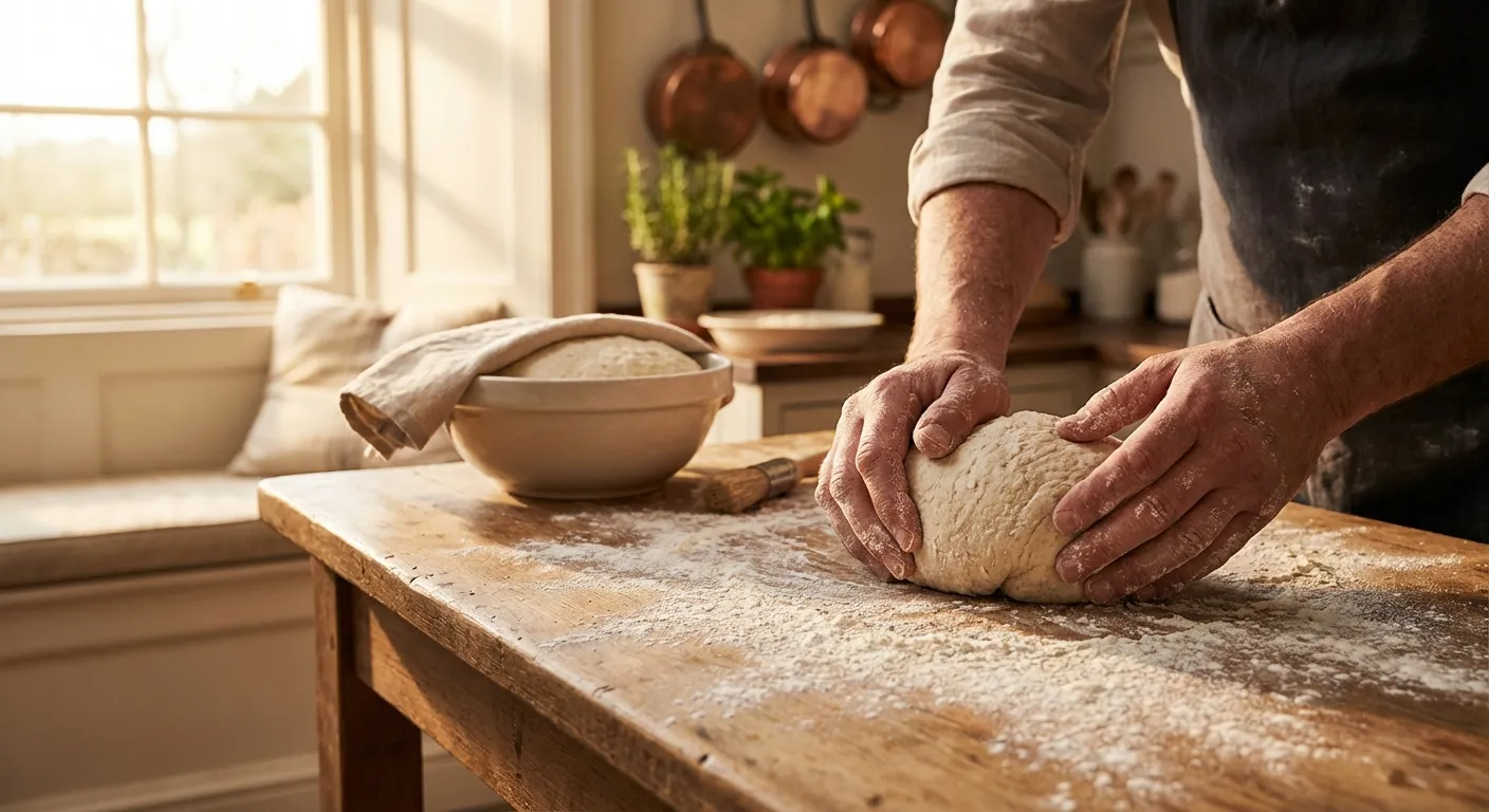 Hands kneading bread dough on a flour-dusted wooden counter in warm kitchen light