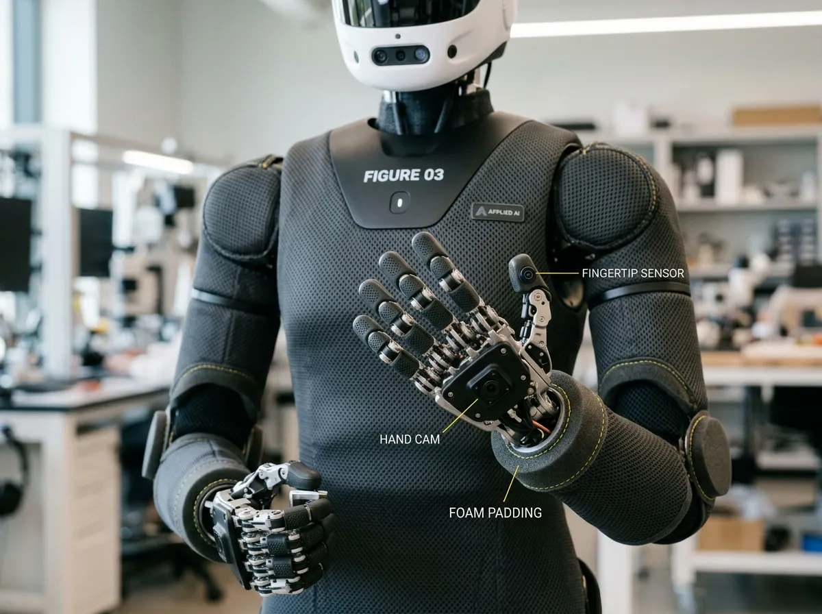 Close-up of Figure 03 humanoid robot showing its mesh fabric body and hand sensors