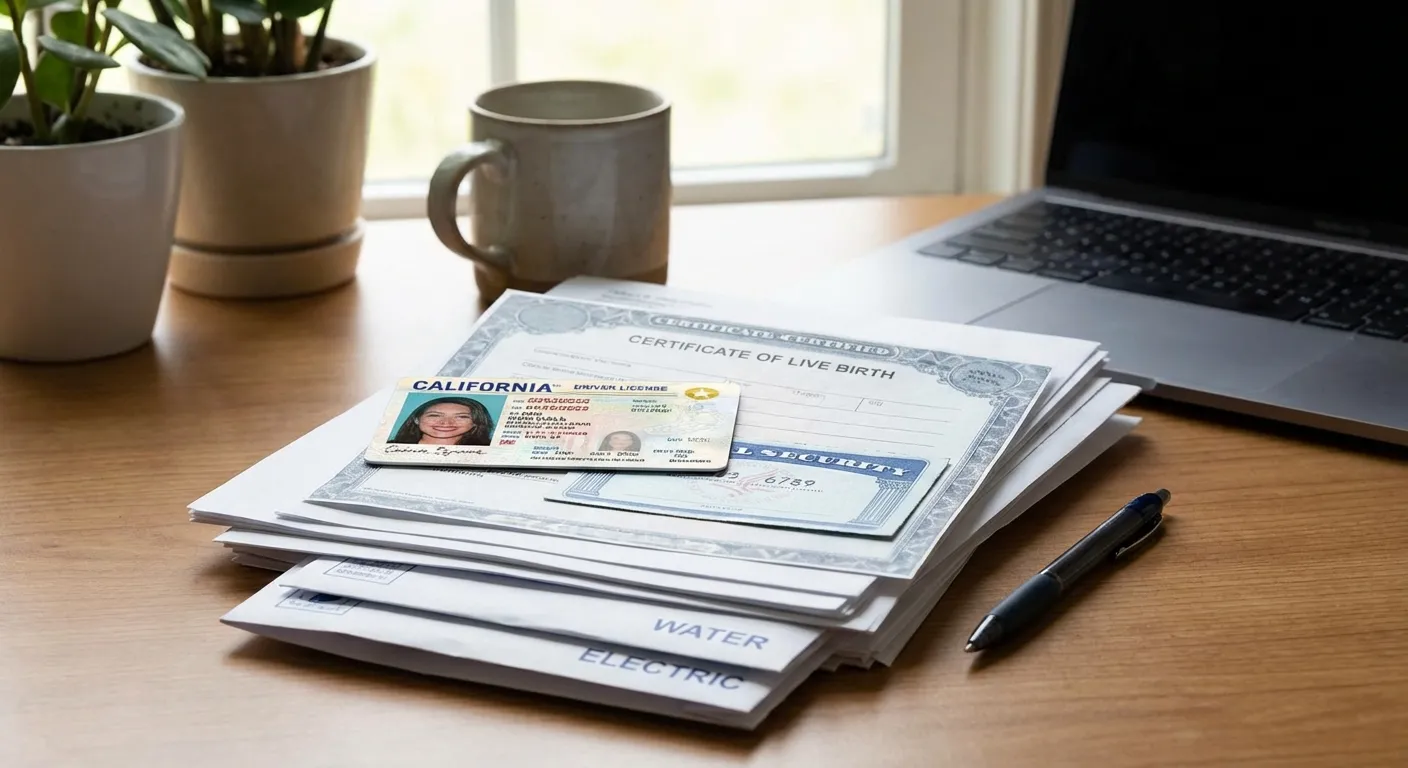 Stack of identity documents including a birth certificate and utility bills