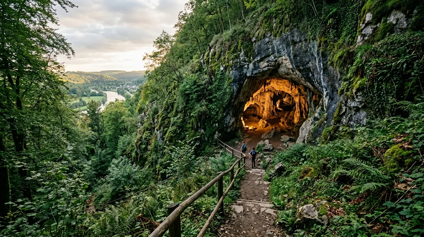 The entrance to a limestone cave system in a forested Belgian hillside with warm light spilling from inside