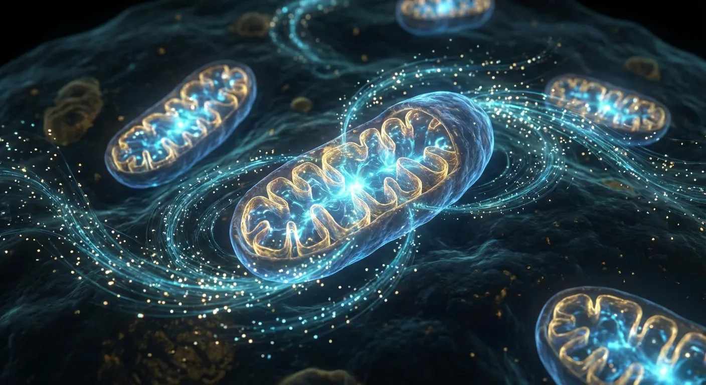 Abstract visualization of glowing mitochondria inside a cell with energy particles
