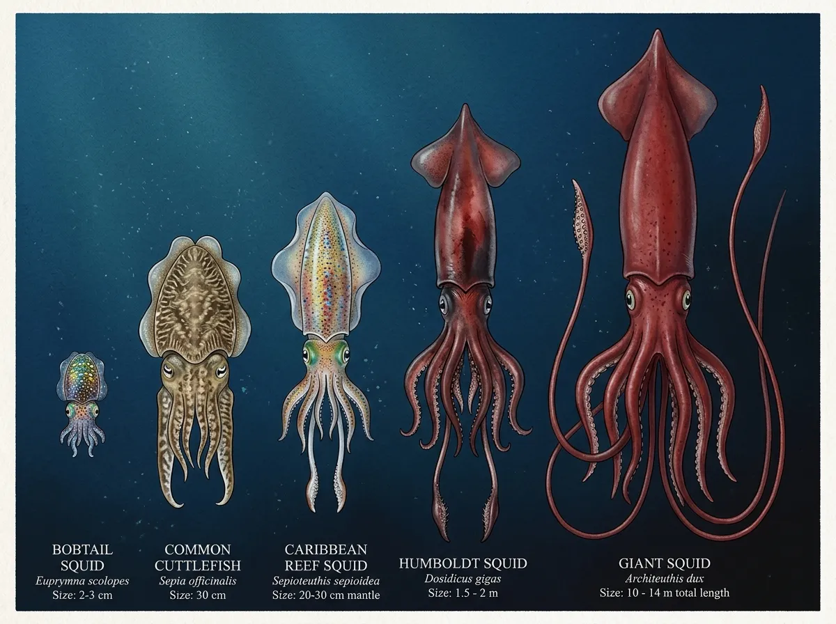 Illustration comparing diverse cephalopod species from tiny bobtail squid to giant squid