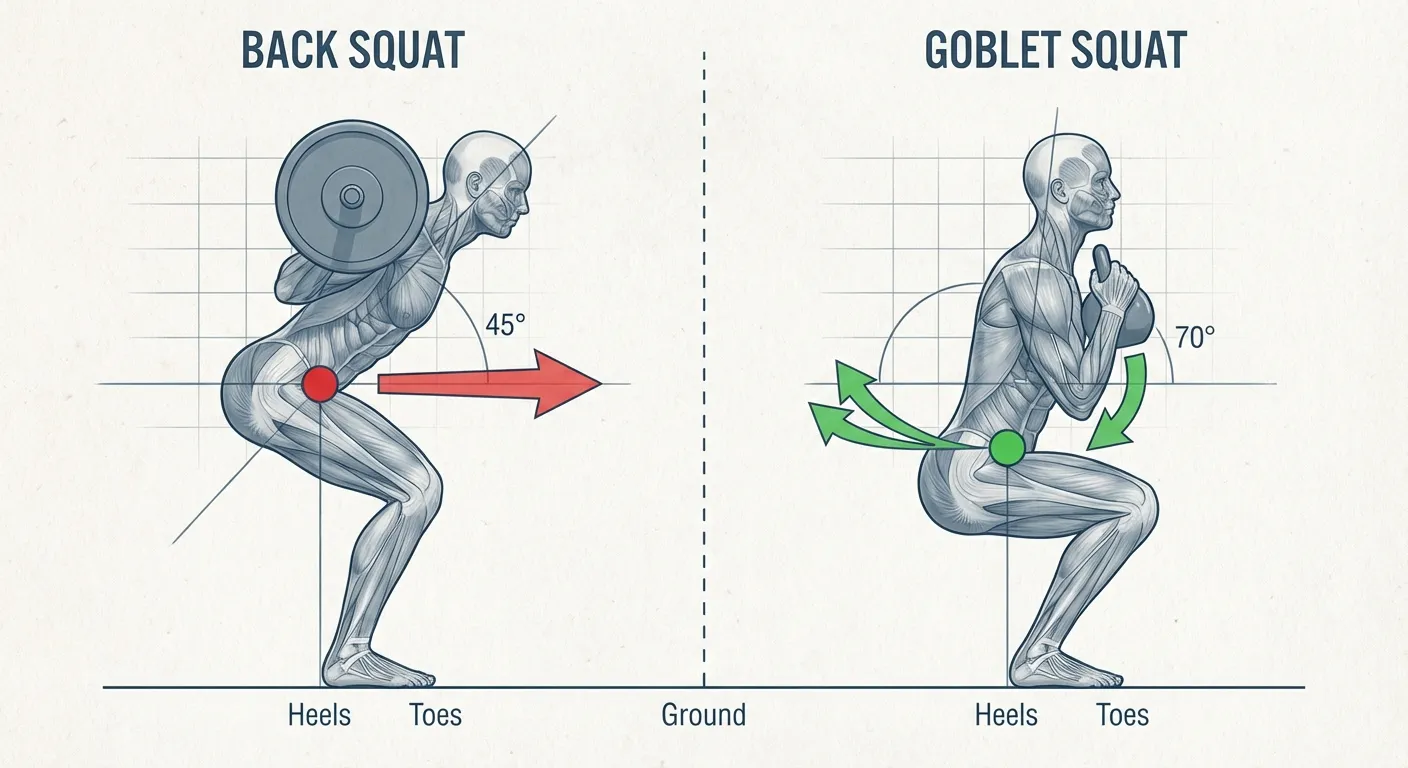 Side-by-side comparison of barbell back squat versus goblet squat form