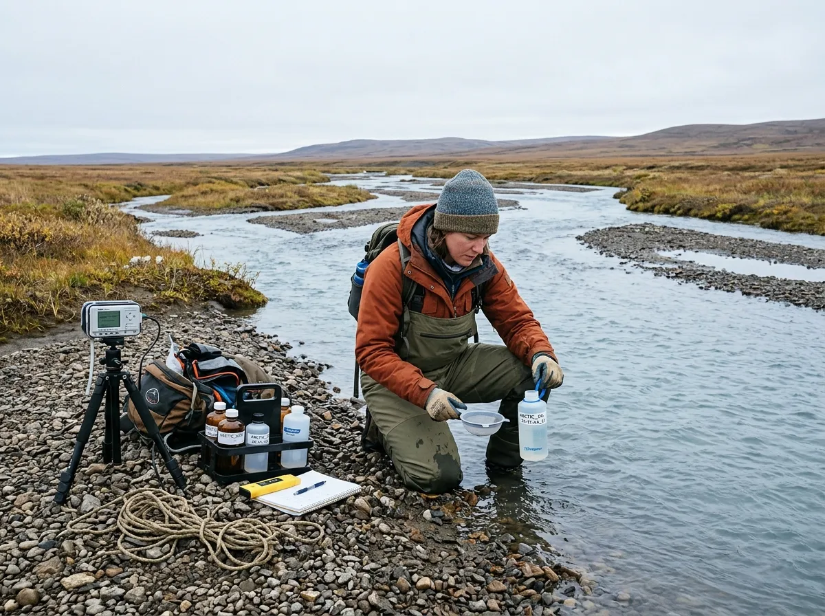Researcher collecting water samples from an Arctic river on Alaska's North Slope with sampling equipment