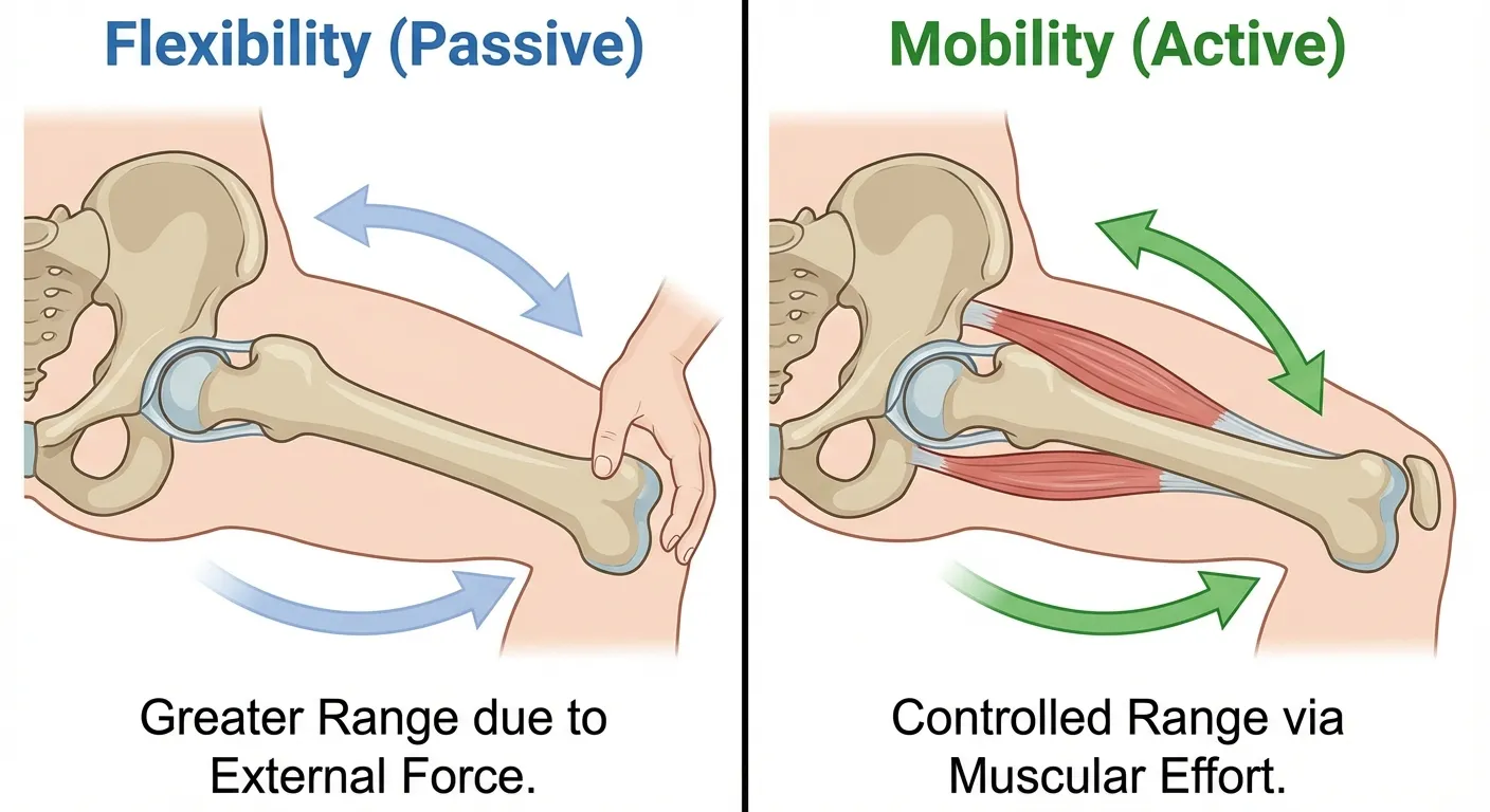 Diagram comparing passive flexibility range versus active mobility range at the hip joint