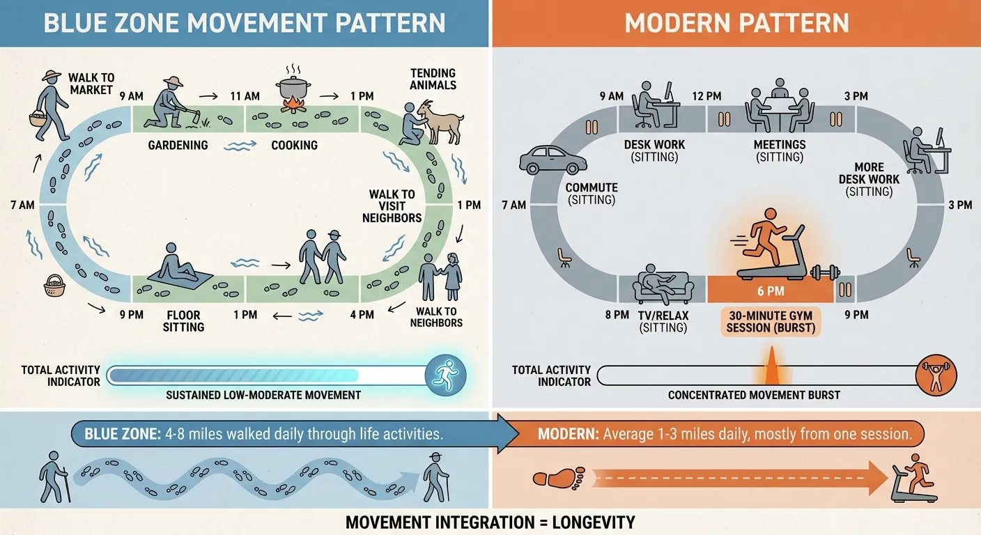 Comparison of Blue Zone natural movement patterns versus modern sedentary lifestyle with gym exercise