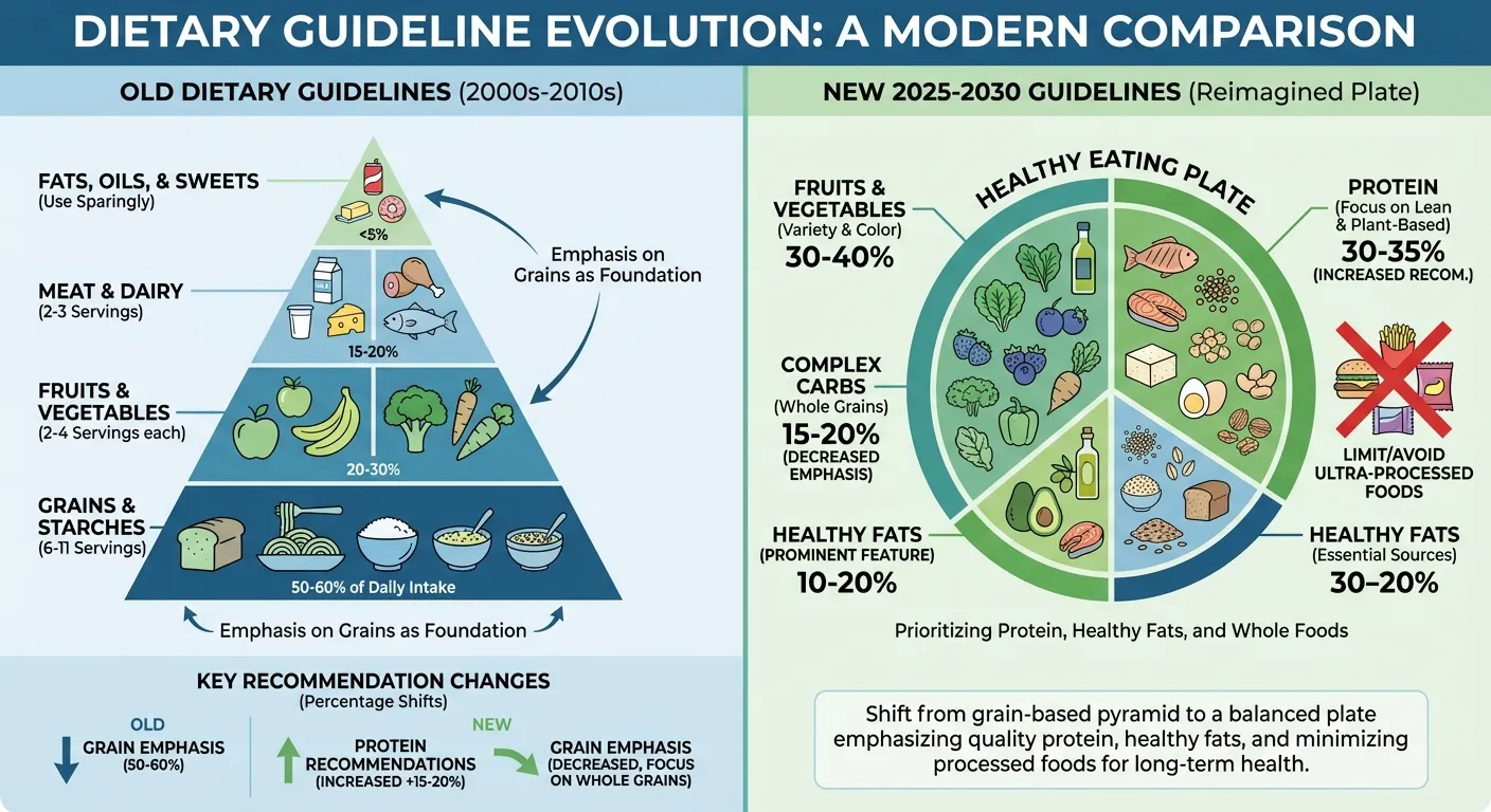 Infographic comparing old versus new dietary guidelines emphasis on protein and fats