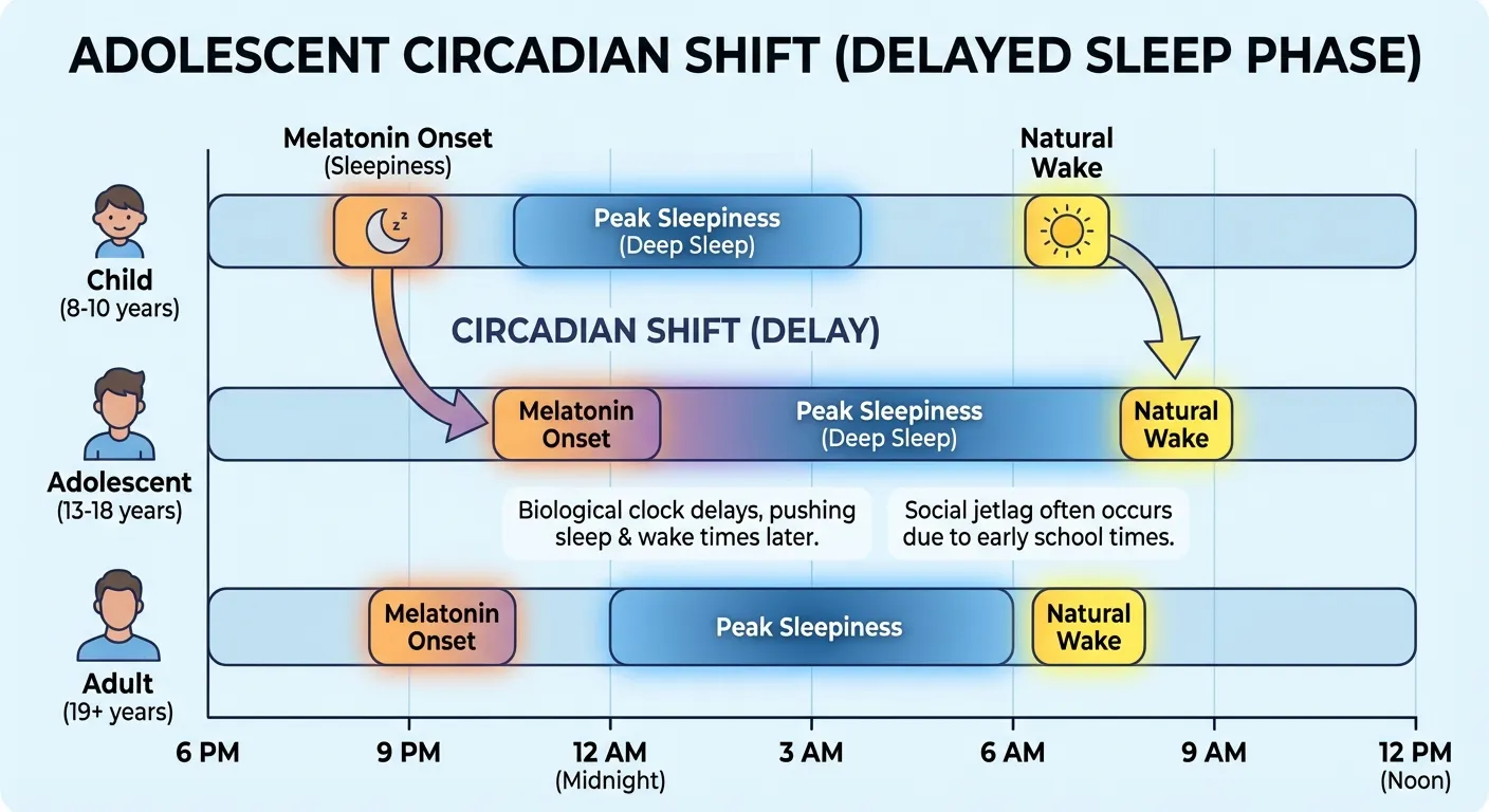 Diagram showing the biological shift in teenage sleep timing compared to children and adults