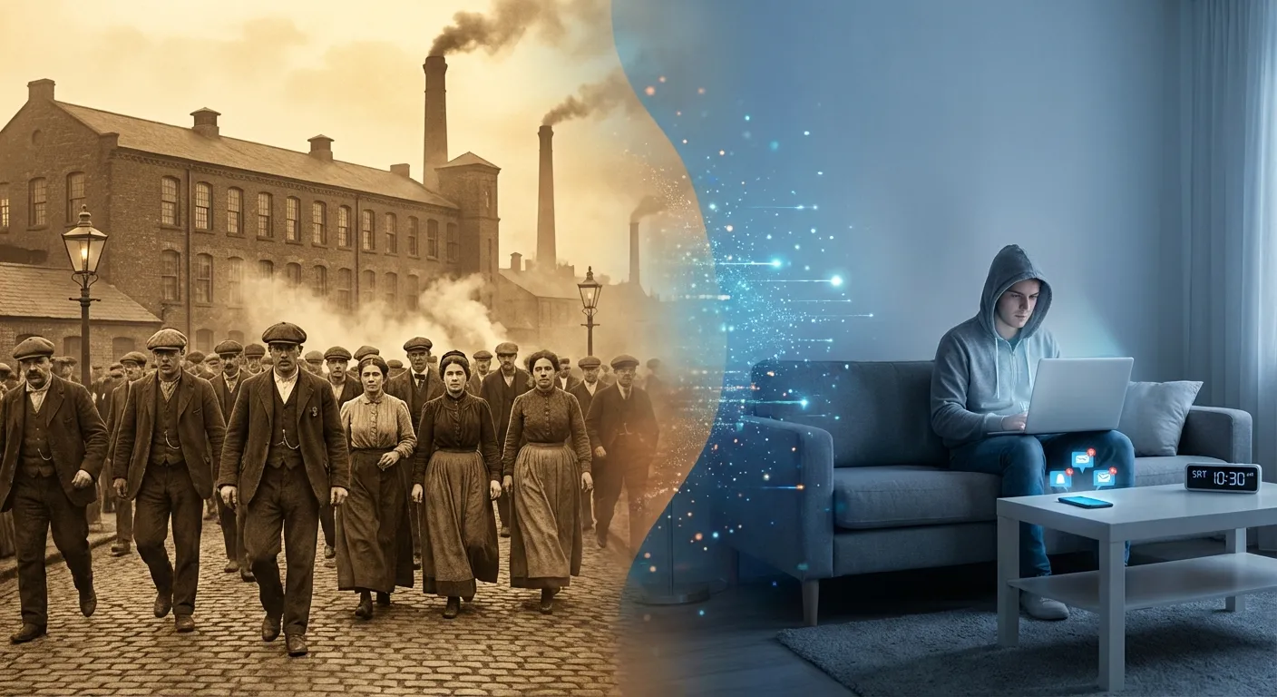 Historical factory workers contrasted with modern remote worker blurring work and leisure boundaries