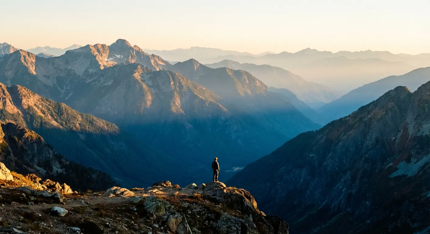 Person standing small against vast mountain landscape at golden hour, capturing the feeling of awe