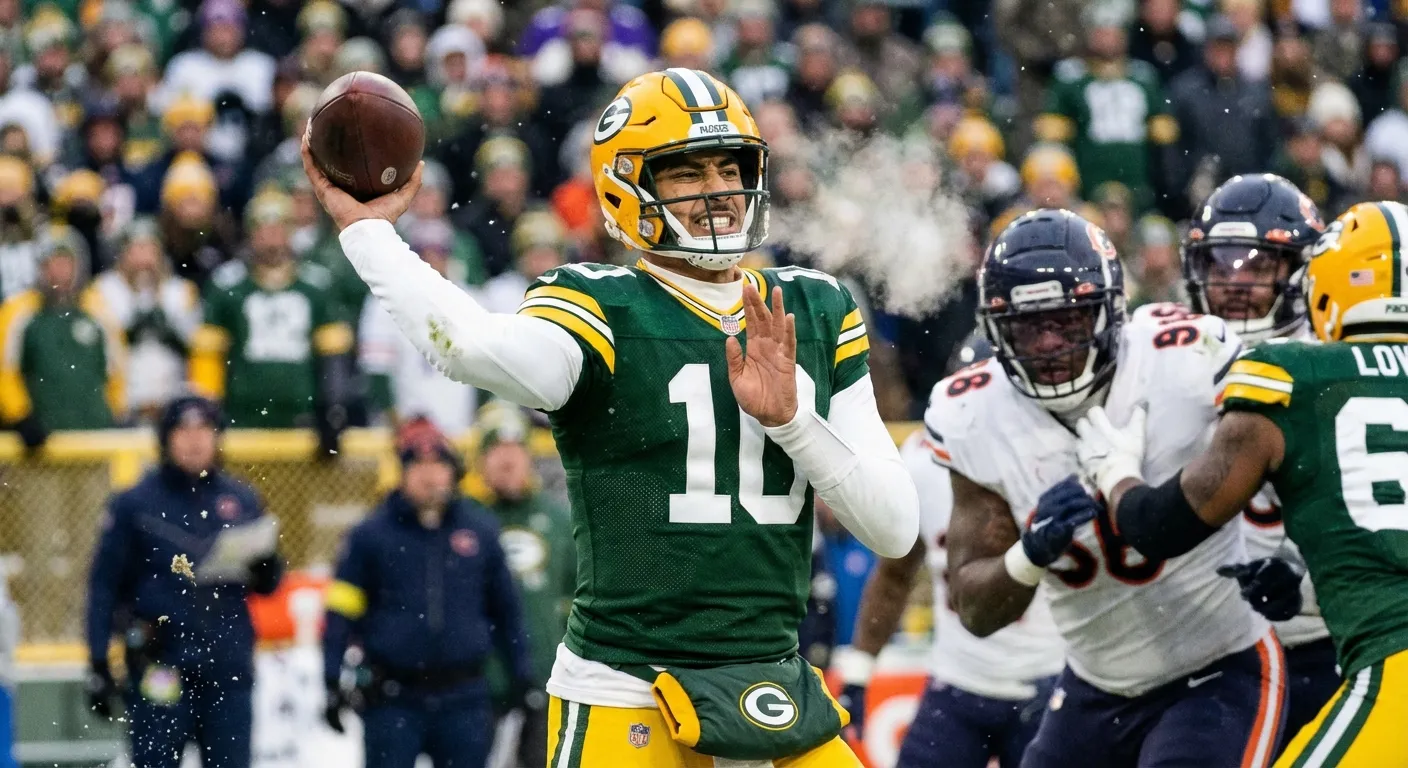Jordan Love throwing a pass in Packers green and gold uniform