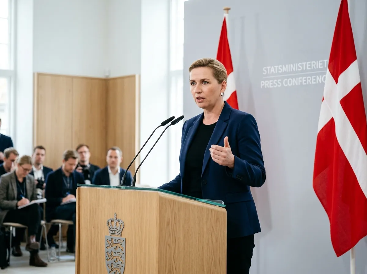 Danish Prime Minister Mette Frederiksen speaking at a podium with Danish flags