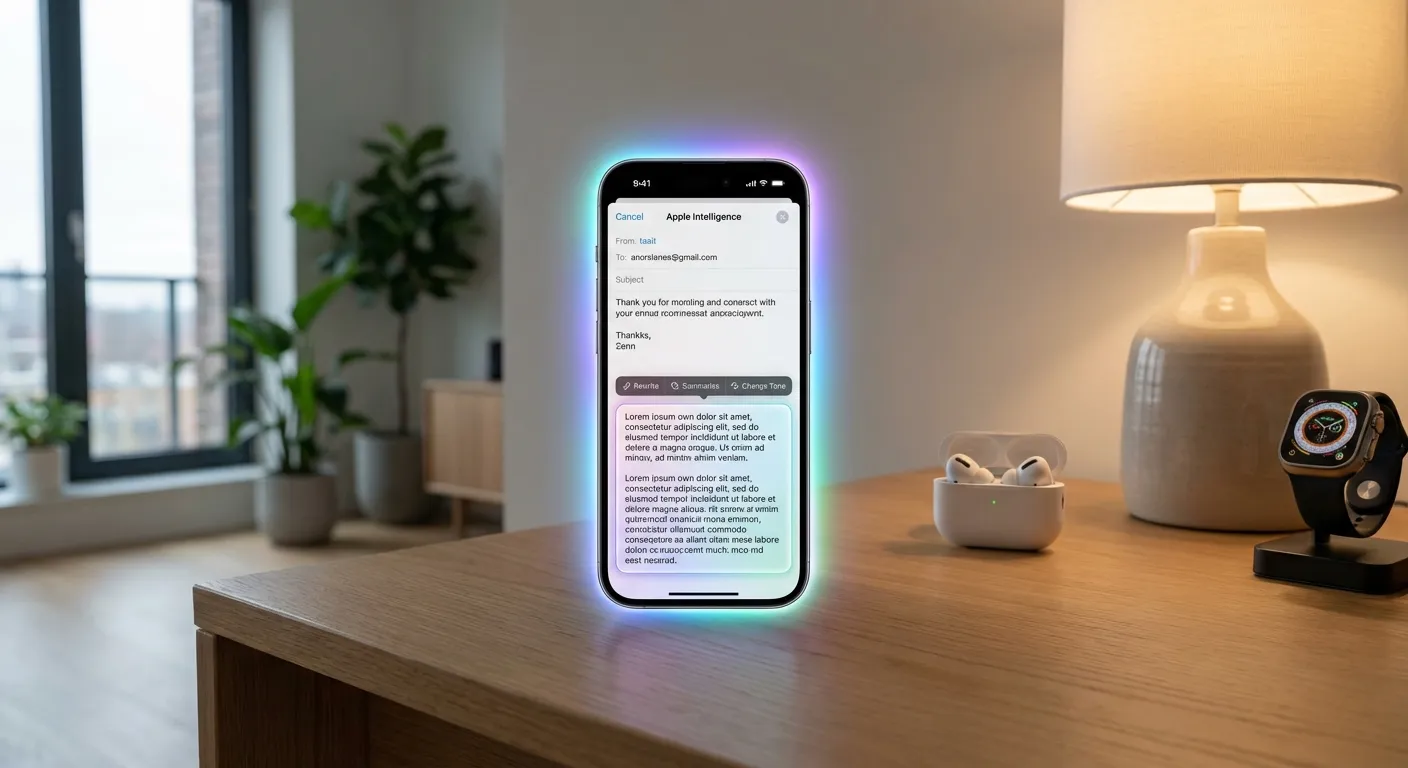 iPhone displaying Apple Intelligence writing tools interface with colorful glow