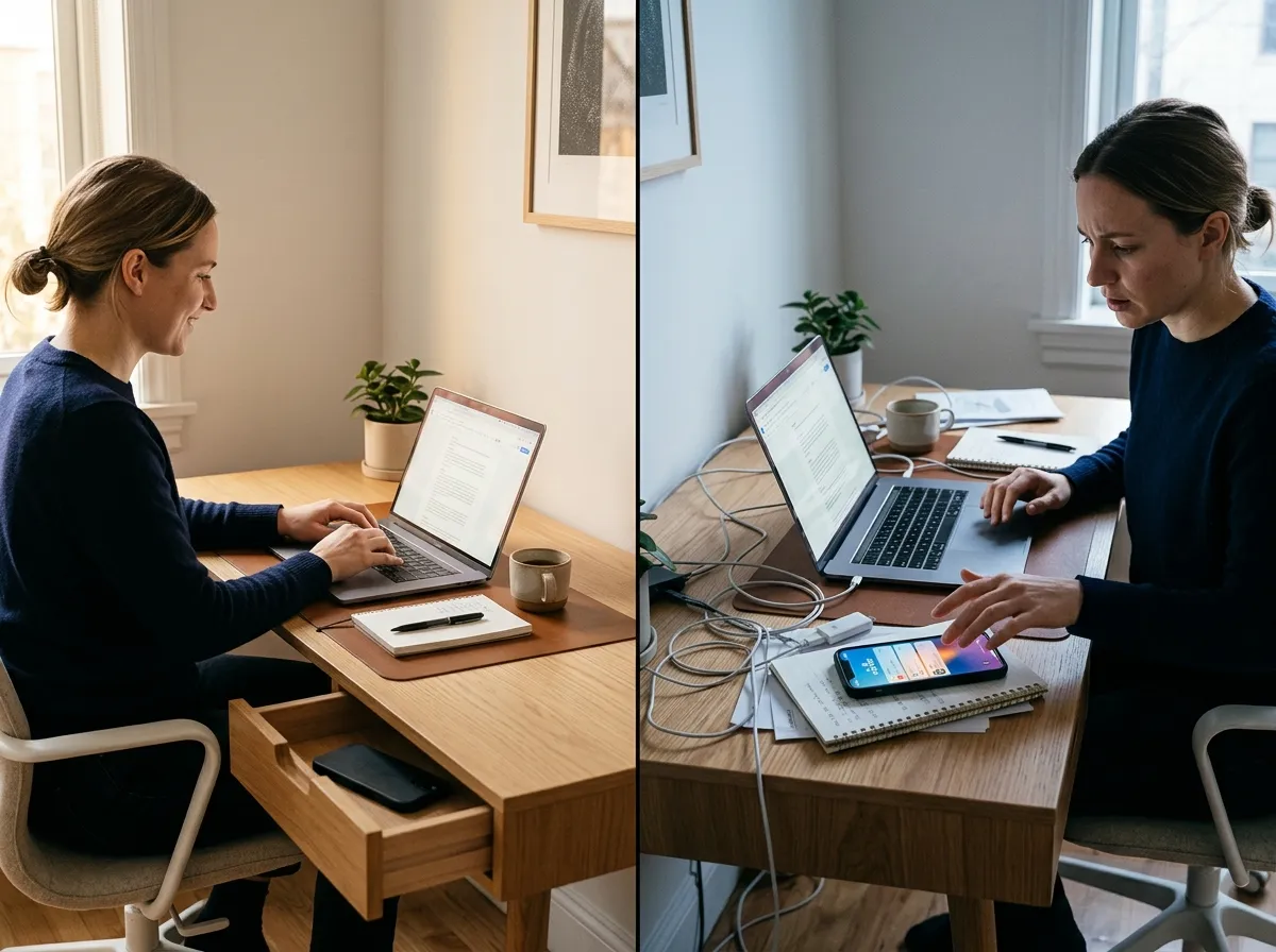 Split comparison showing a calm focused workspace versus one interrupted by phone notifications