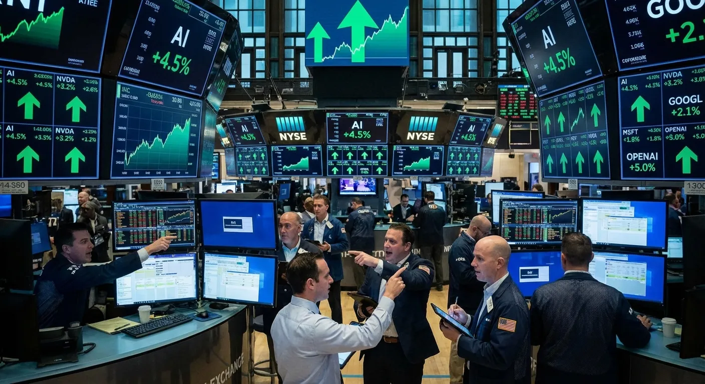 Stock market trading floor with AI-themed displays showing upward trends