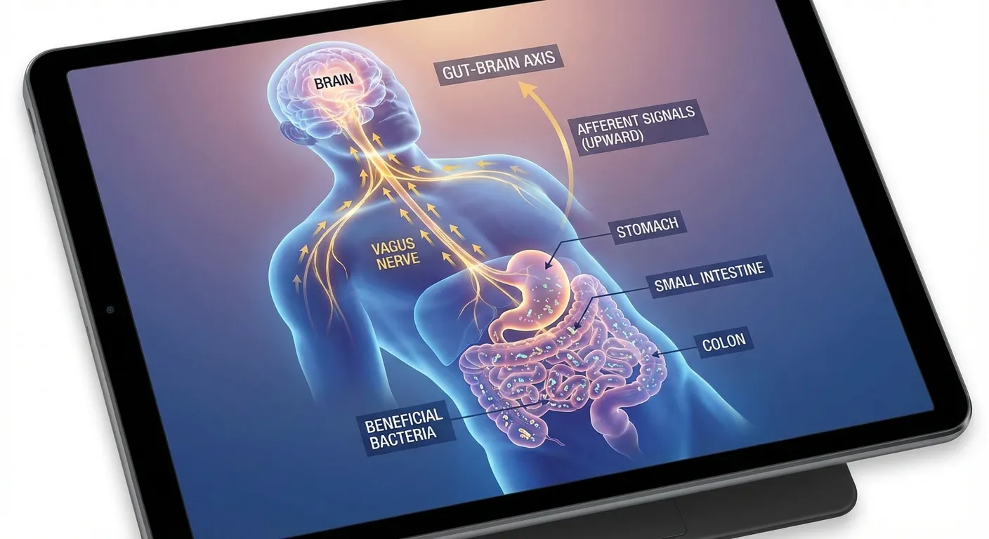 Illustration of the vagus nerve connecting brain to digestive system showing bidirectional communication