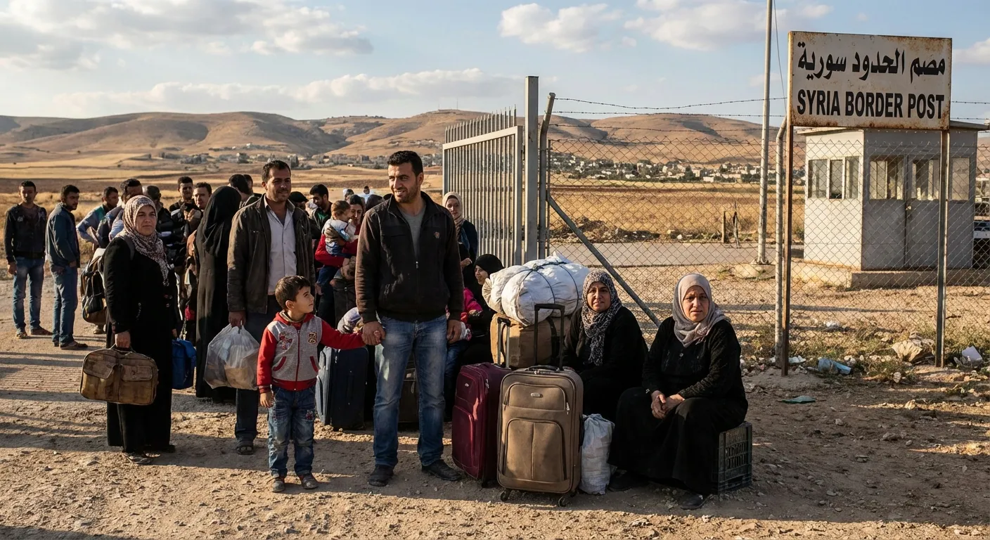 Syrian families at a border checkpoint with belongings looking toward their homeland