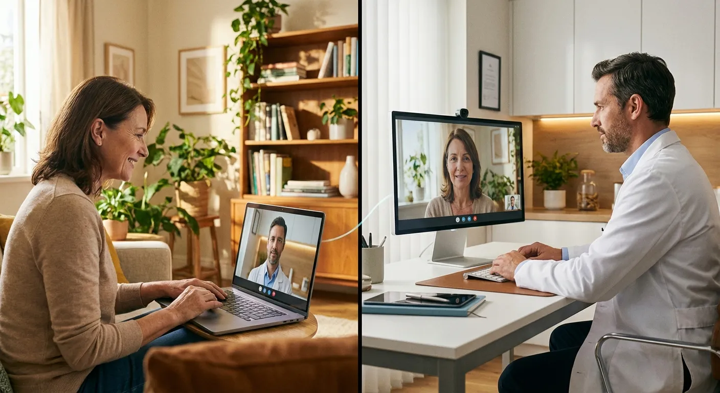 Split view showing patient at home and physician at desk during telemedicine consultation
