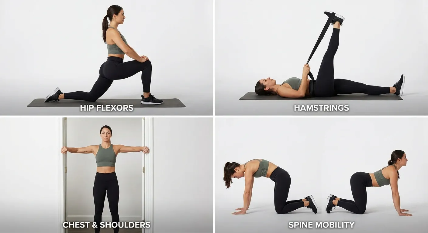 Four-panel image showing key stretches for hip flexors, hamstrings, chest, and thoracic spine
