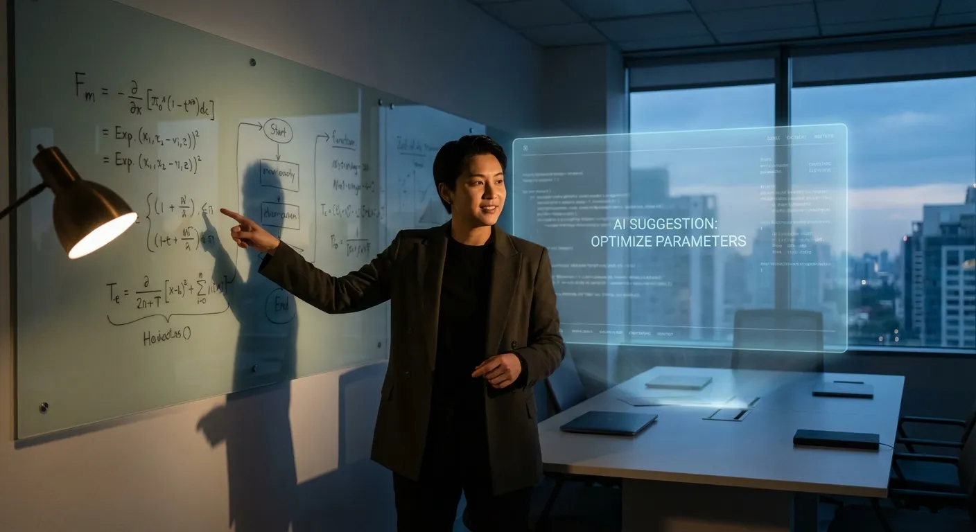 Person confidently presenting at whiteboard with AI assistant interface glowing subtly in background