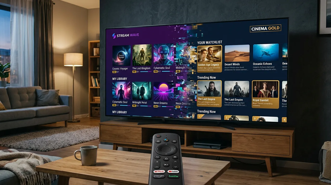 Two streaming service interfaces merging together on a television screen