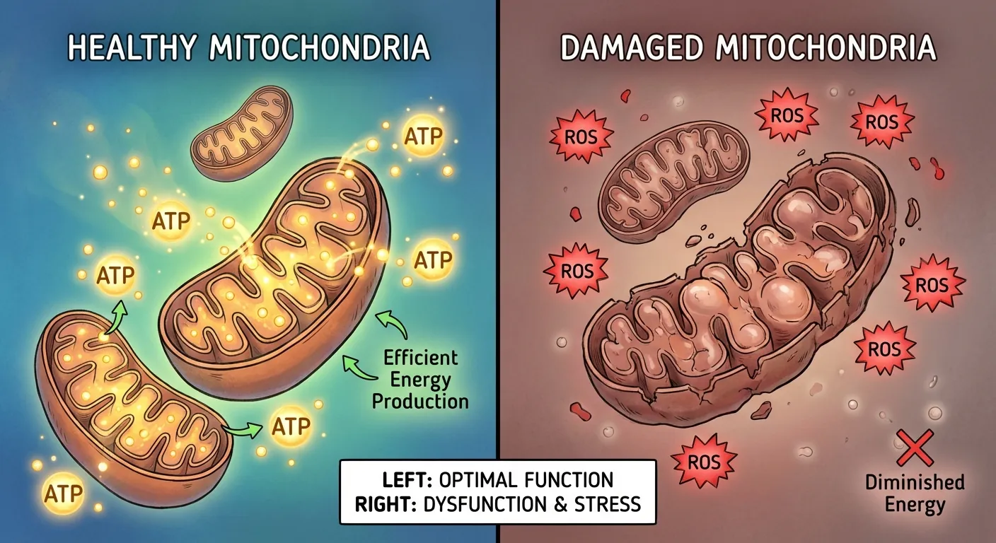 Comparison showing healthy mitochondria versus damaged mitochondria with oxidative stress