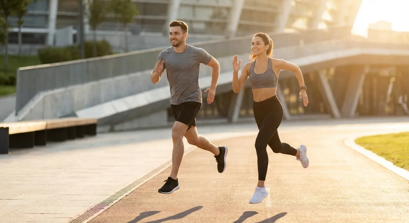 Partners exercising together showing synchronization and mutual support