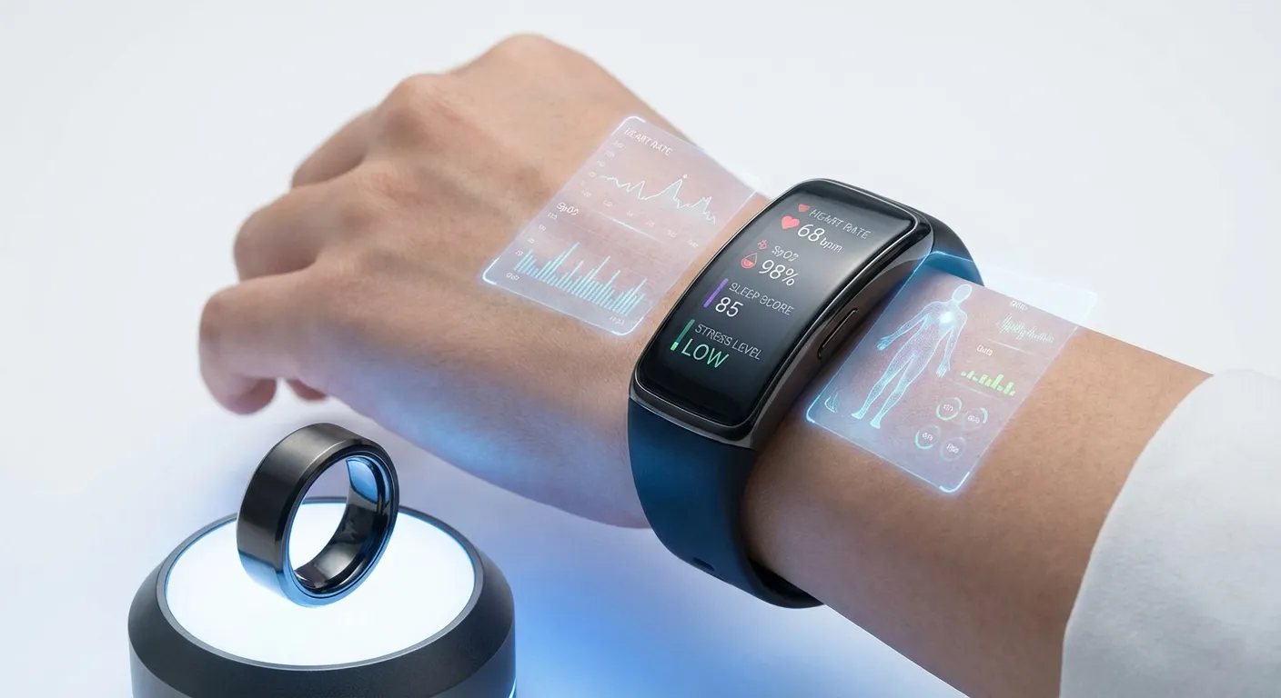 Advanced health wearable device displaying biometric data