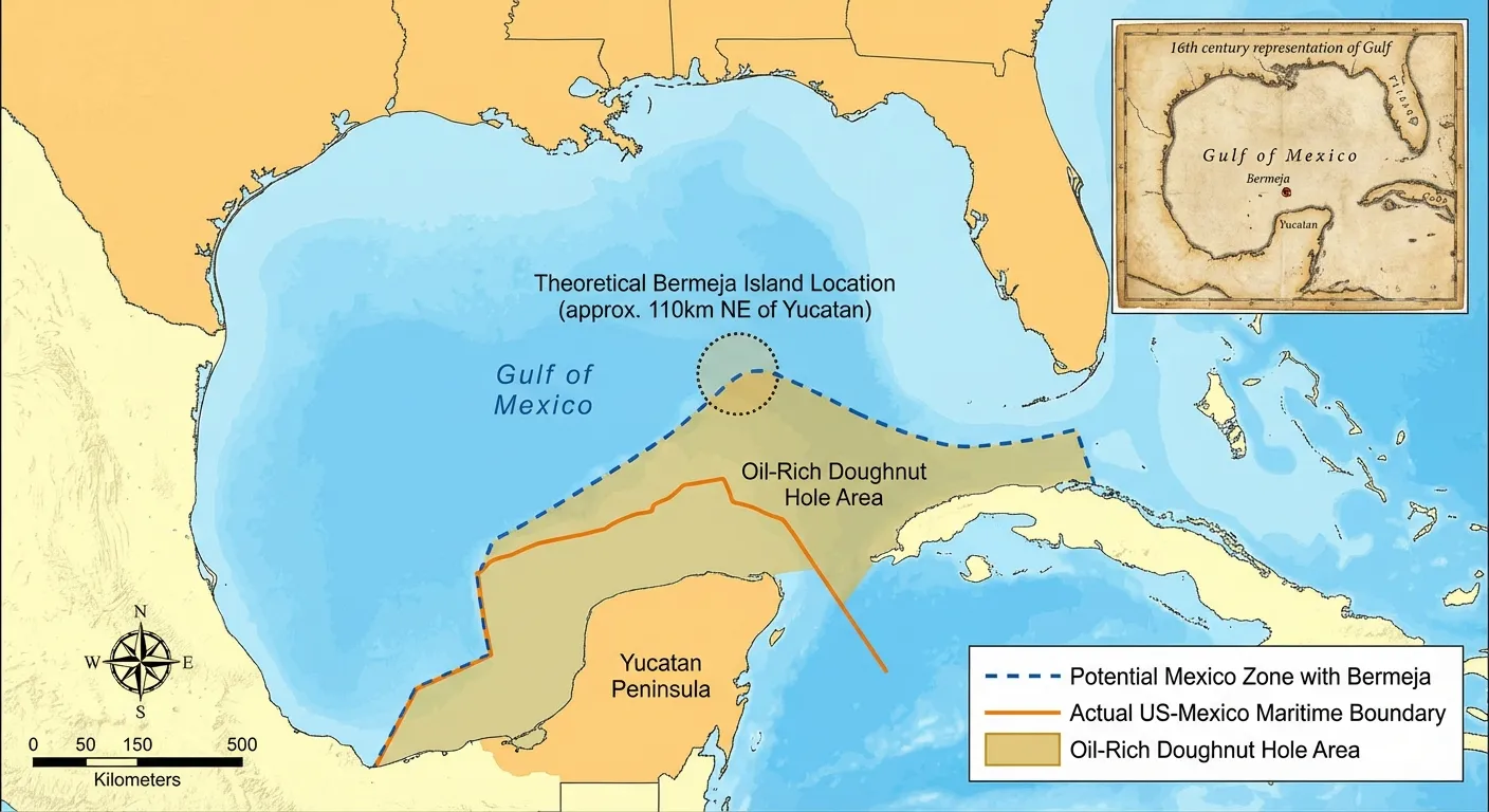 Map of Gulf of Mexico showing disputed maritime boundaries and the missing location of Bermeja Island