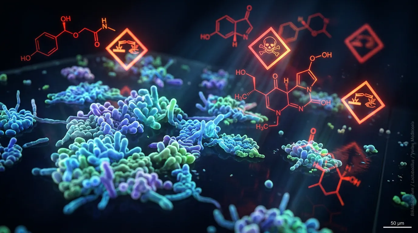 Microscopic view of colorful gut bacteria colonies surrounded by chemical molecular structures