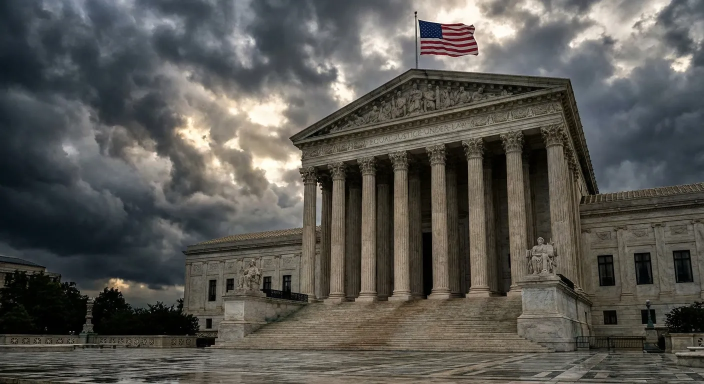 US Supreme Court building facade with American flag
