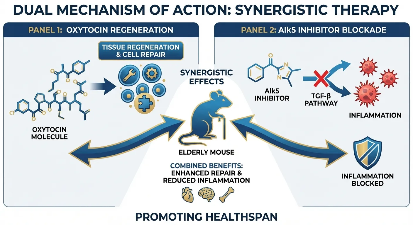 Diagram showing oxytocin and Alk5 inhibitor mechanisms of action on aging pathways