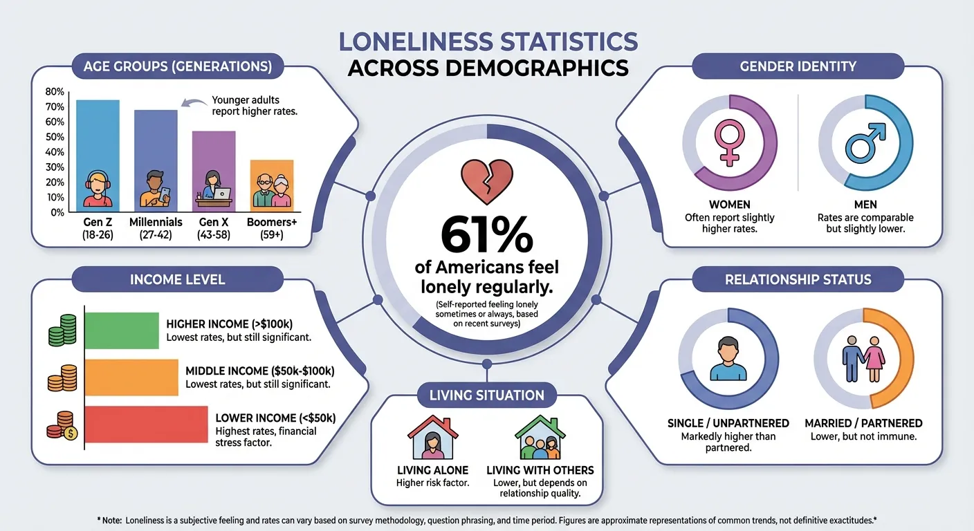 Infographic showing biological pathways from loneliness to mortality including HPA axis, inflammation, and cardiovascular effects