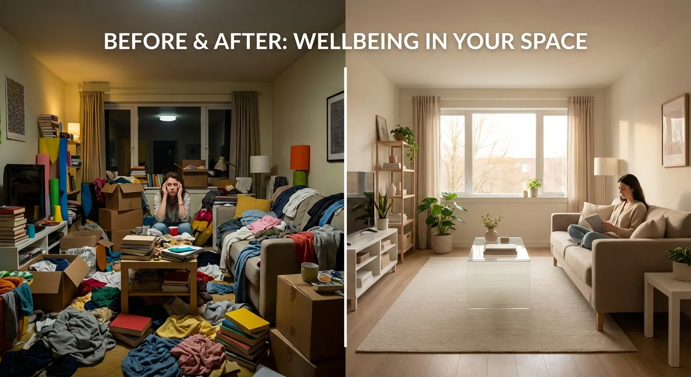 Split comparison showing cluttered stressful room versus organized calming room