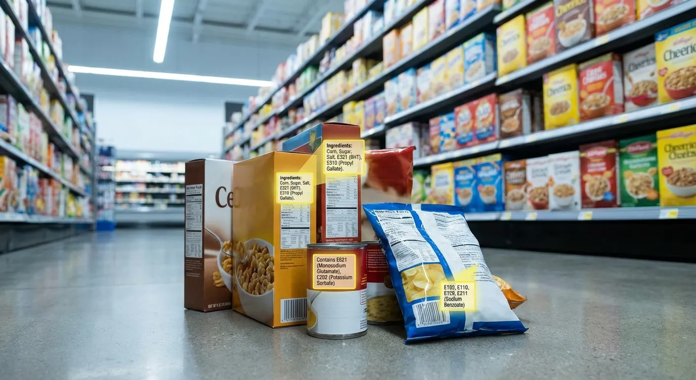 Processed packaged foods on grocery shelf with ingredient labels showing preservatives