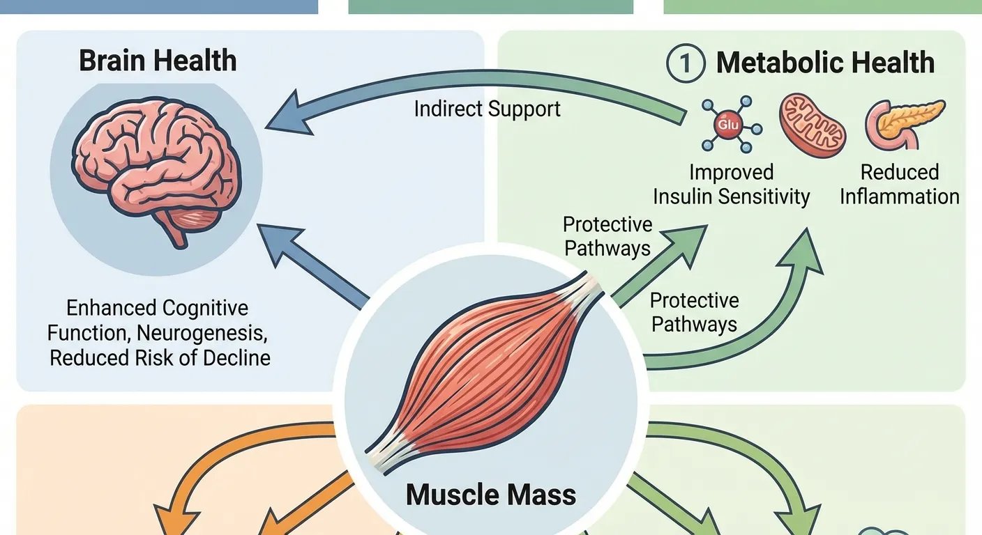 Diagram showing biological pathways connecting muscle mass to brain health