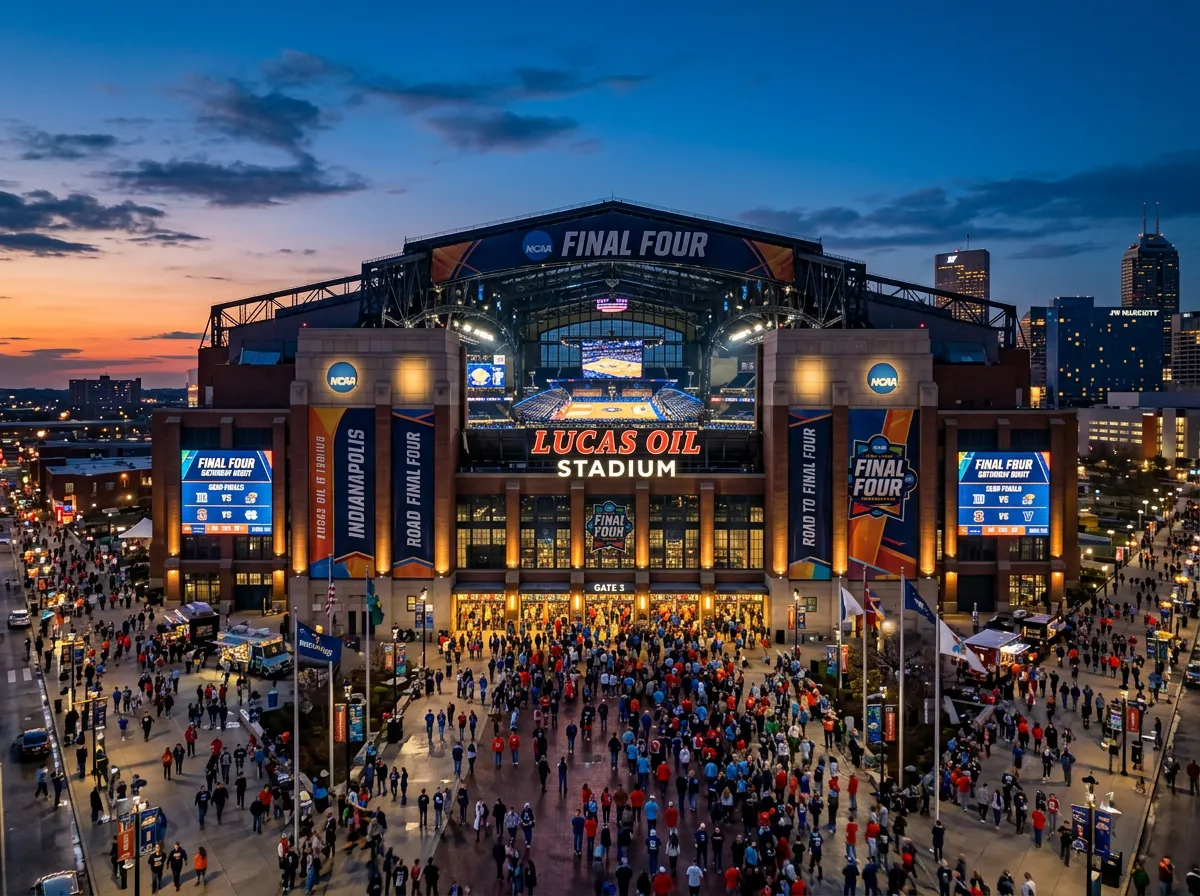 Lucas Oil Stadium in Indianapolis set up for the 2026 Final Four with basketball court at center